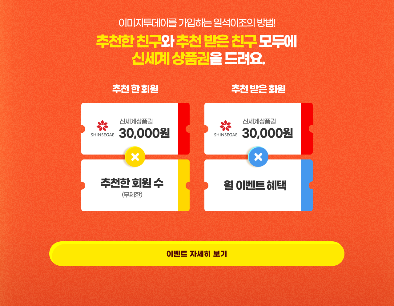 추천한 친구와 추천받은 친구 모두에게 신세계 상품권을 드려요.
